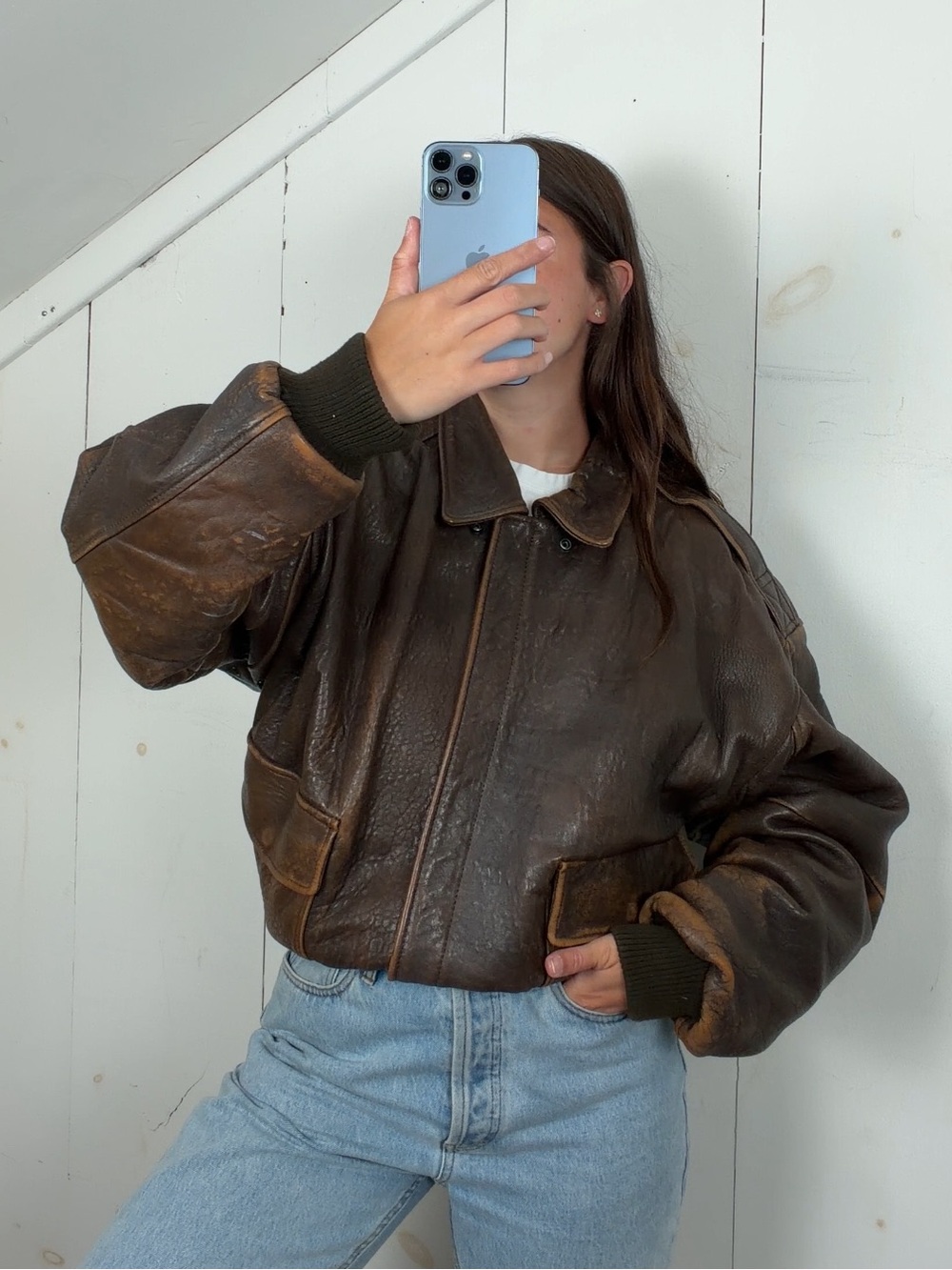 Vintage Savile Row Brown Genuine Leather Flight Bomber Jacket Men’s L Patina 90s